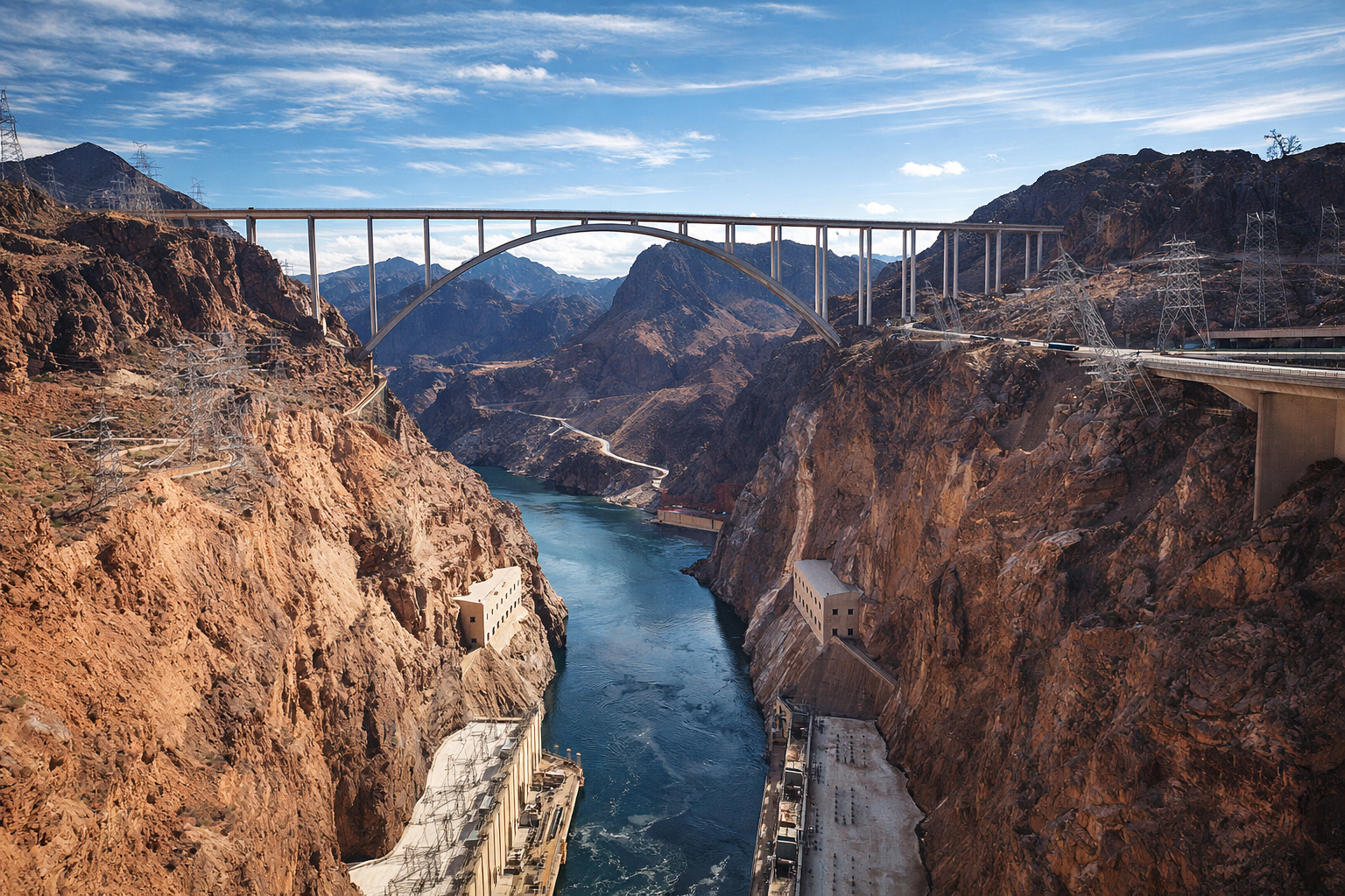 Hoover Dam と南ネバダの desert infrastructure を象徴する眺め