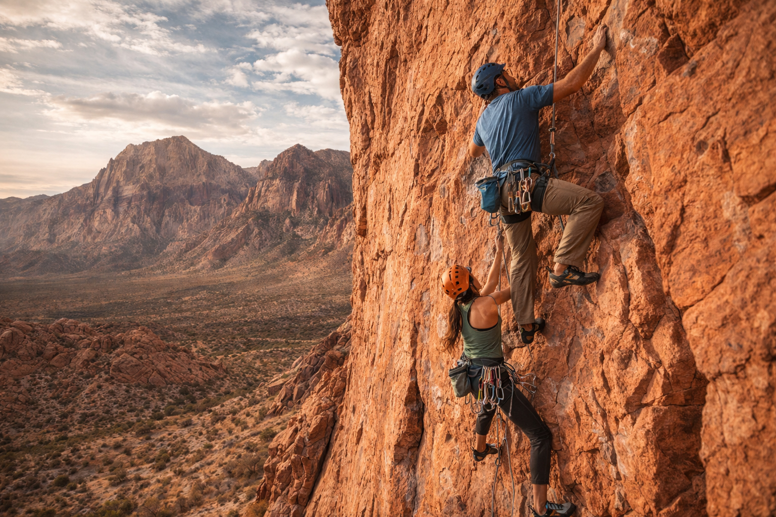 赤い岩壁でのクライミング